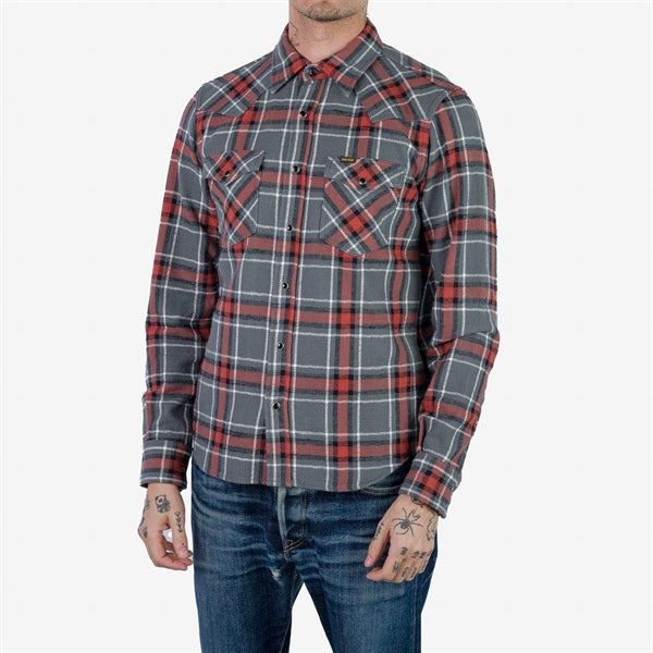 Iron Heart IHSH-369-GRY 12oz Slubby Heavy Flannel Herringbone Check Western Shirt - Grey
