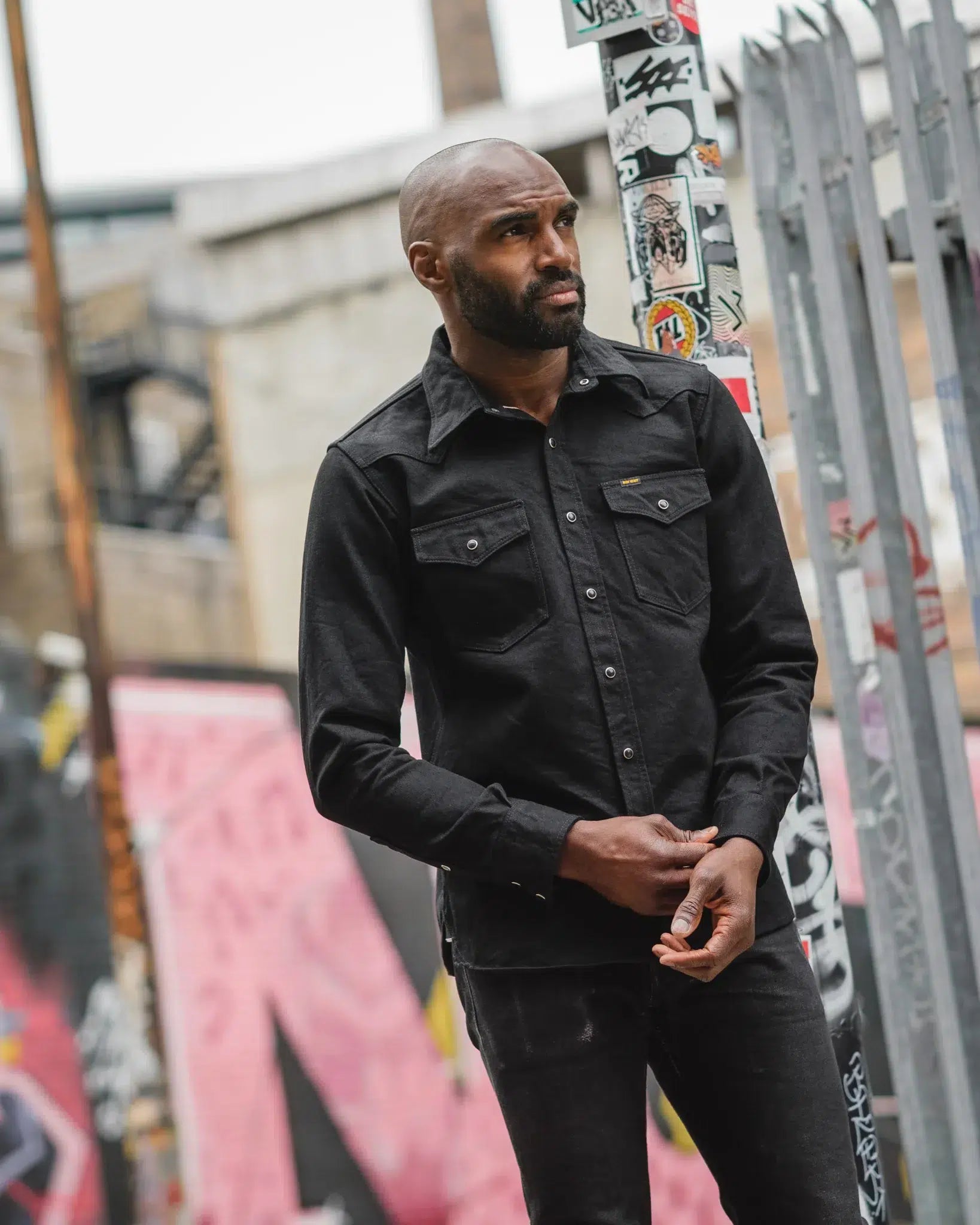 Iron Heart IHSH-295-BB 14oz Selvedge Denim Western Shirt Black/Black