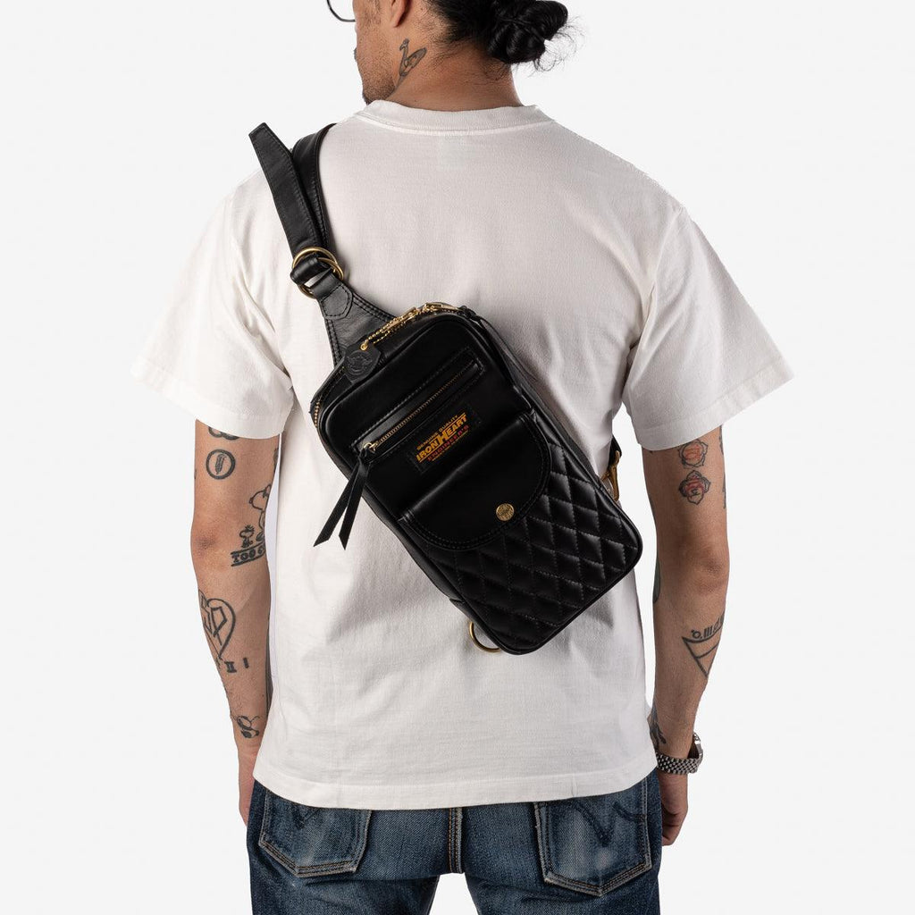 Iron Heart IHE-40 Rectangular Leather Diamond Stitched Shoulder Bag - Black