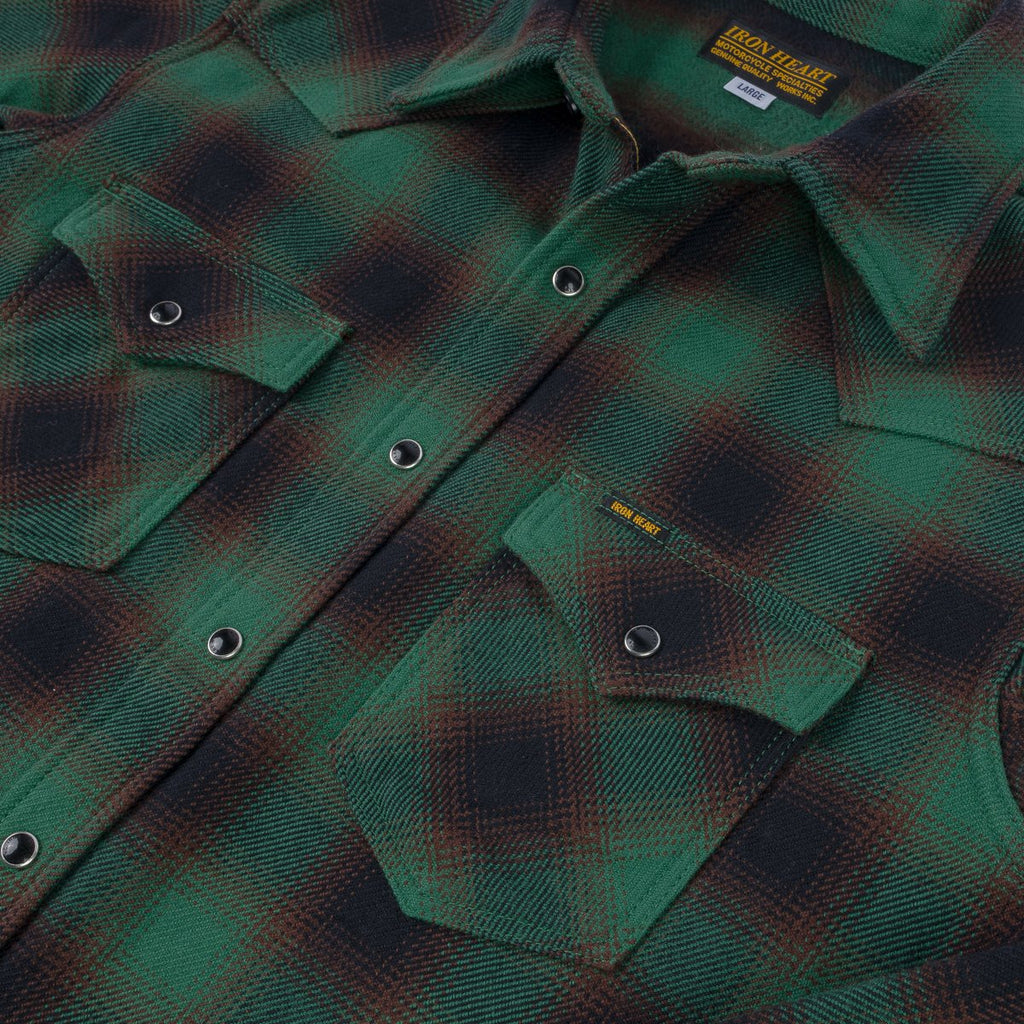 Iron Heart IHSH-373-GRN (FW23) Ultra Heavy Flannel Ombré Check Western Shirt - Green