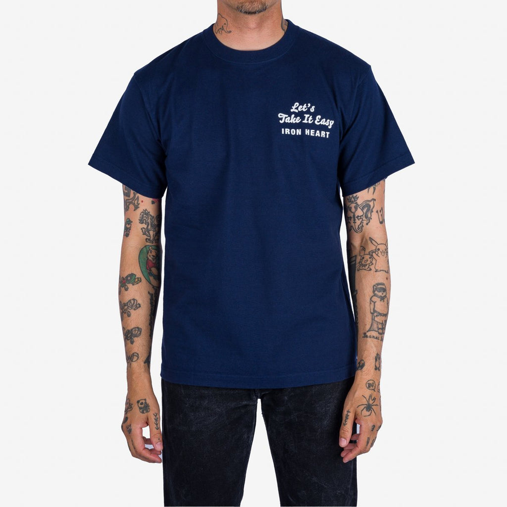 Iron Heart IHT-2404-NAV 7.5oz Printed Loopwheel Crew Neck T-Shirt - Navy