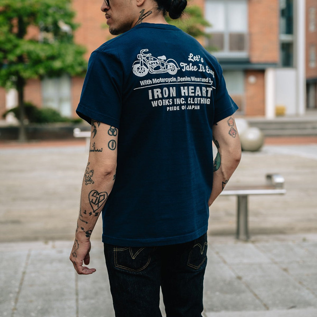 Iron Heart IHT-2404-NAV 7.5oz Printed Loopwheel Crew Neck T-Shirt - Navy
