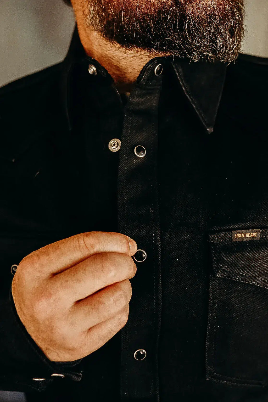 Iron Heart IHSH-361-BLK 16oz Selvedge Denim Western Shirt - Superblack (Fades To Grey)