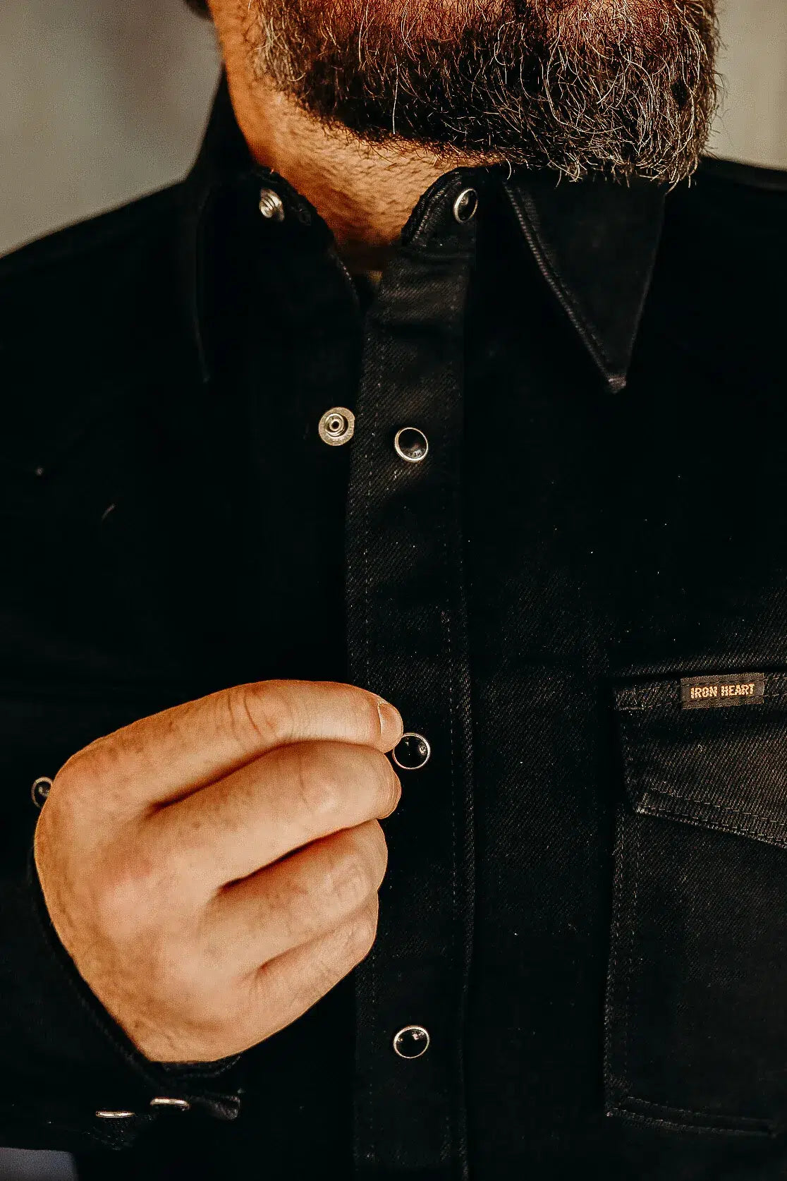 Iron Heart IHSH-361-BLK 16oz Selvedge Denim Western Shirt - Superblack (Fades To Grey)