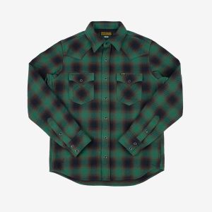 Iron Heart IHSH-373-GRN (FW23) Ultra Heavy Flannel Ombré Check Western Shirt - Green