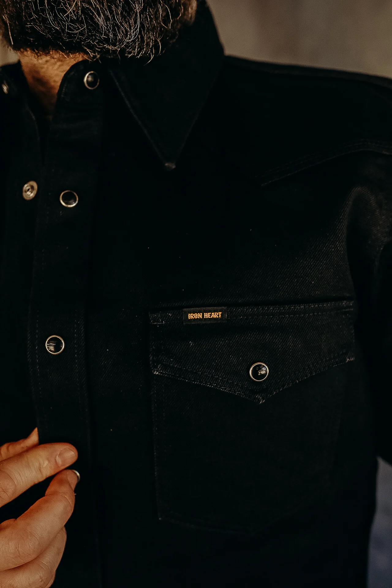 Iron Heart IHSH-361-BLK 16oz Selvedge Denim Western Shirt - Superblack (Fades To Grey) - Image 5