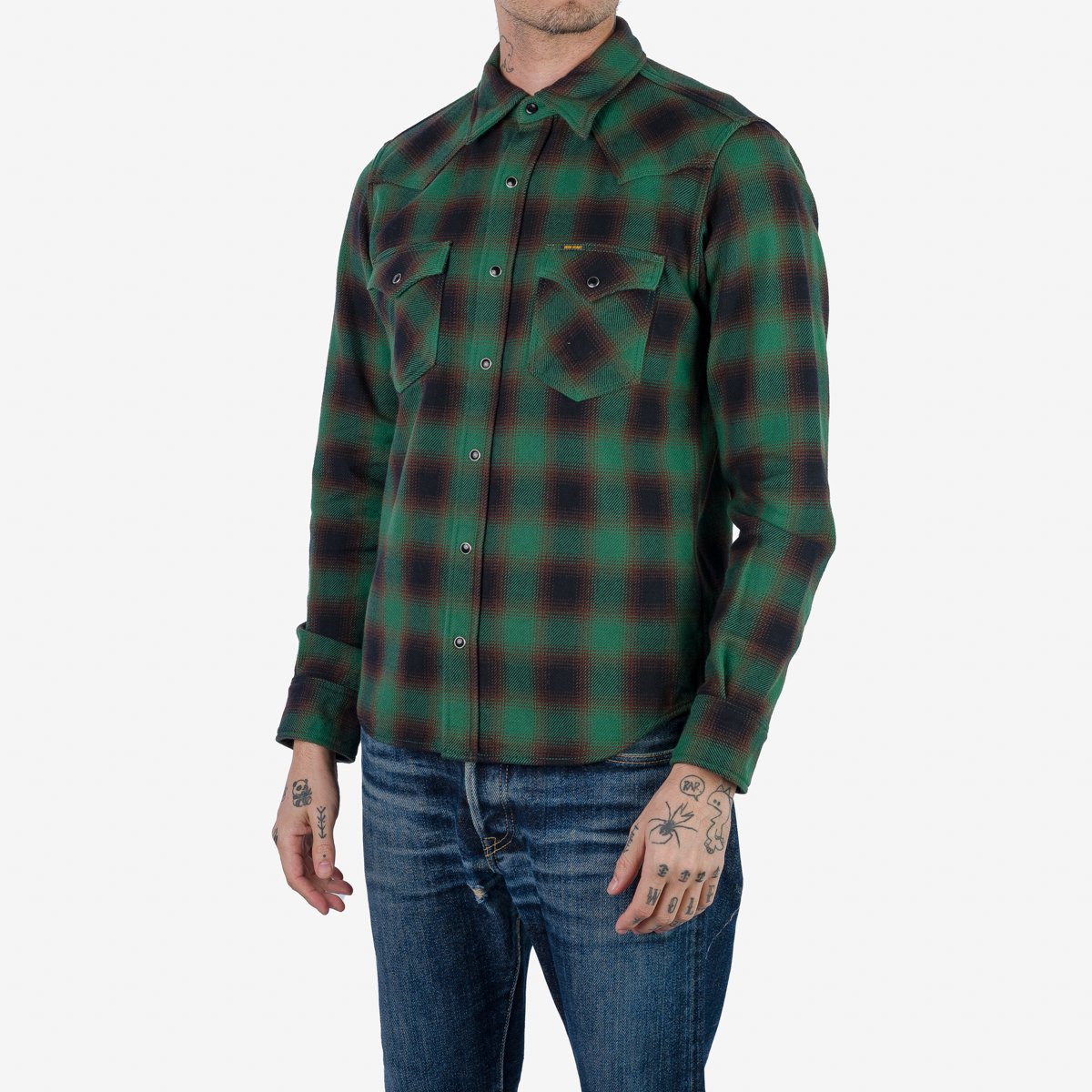 Iron Heart IHSH-373-GRN (FW23) Ultra Heavy Flannel Ombré Check Western Shirt - Green - Image 7