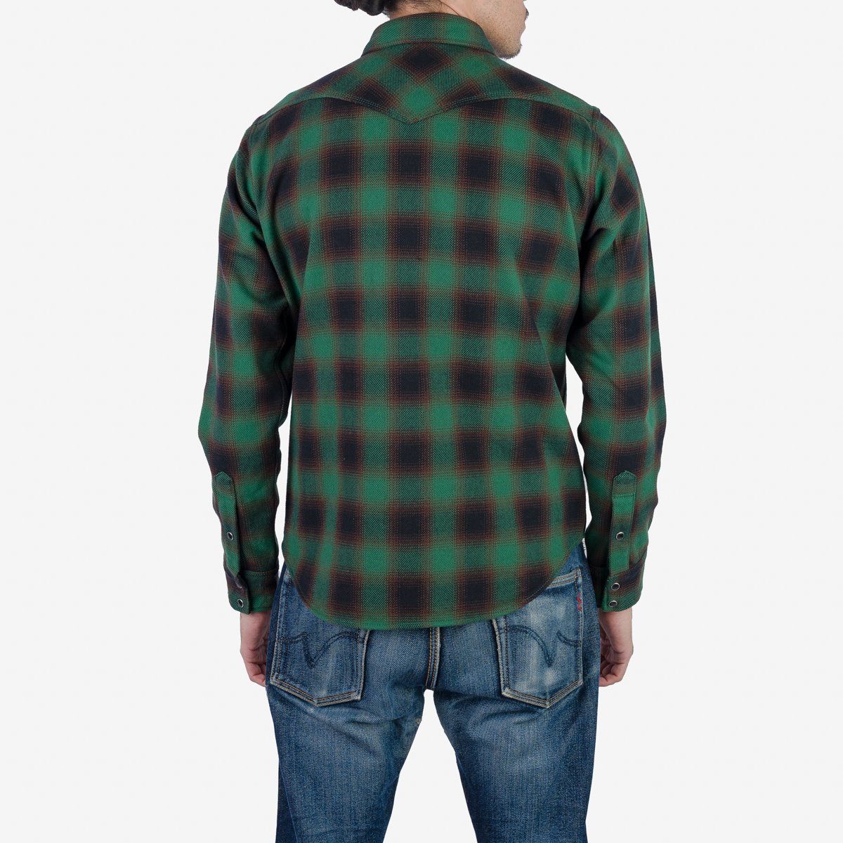 Iron Heart IHSH-373-GRN (FW23) Ultra Heavy Flannel Ombré Check Western Shirt - Green - Image 8