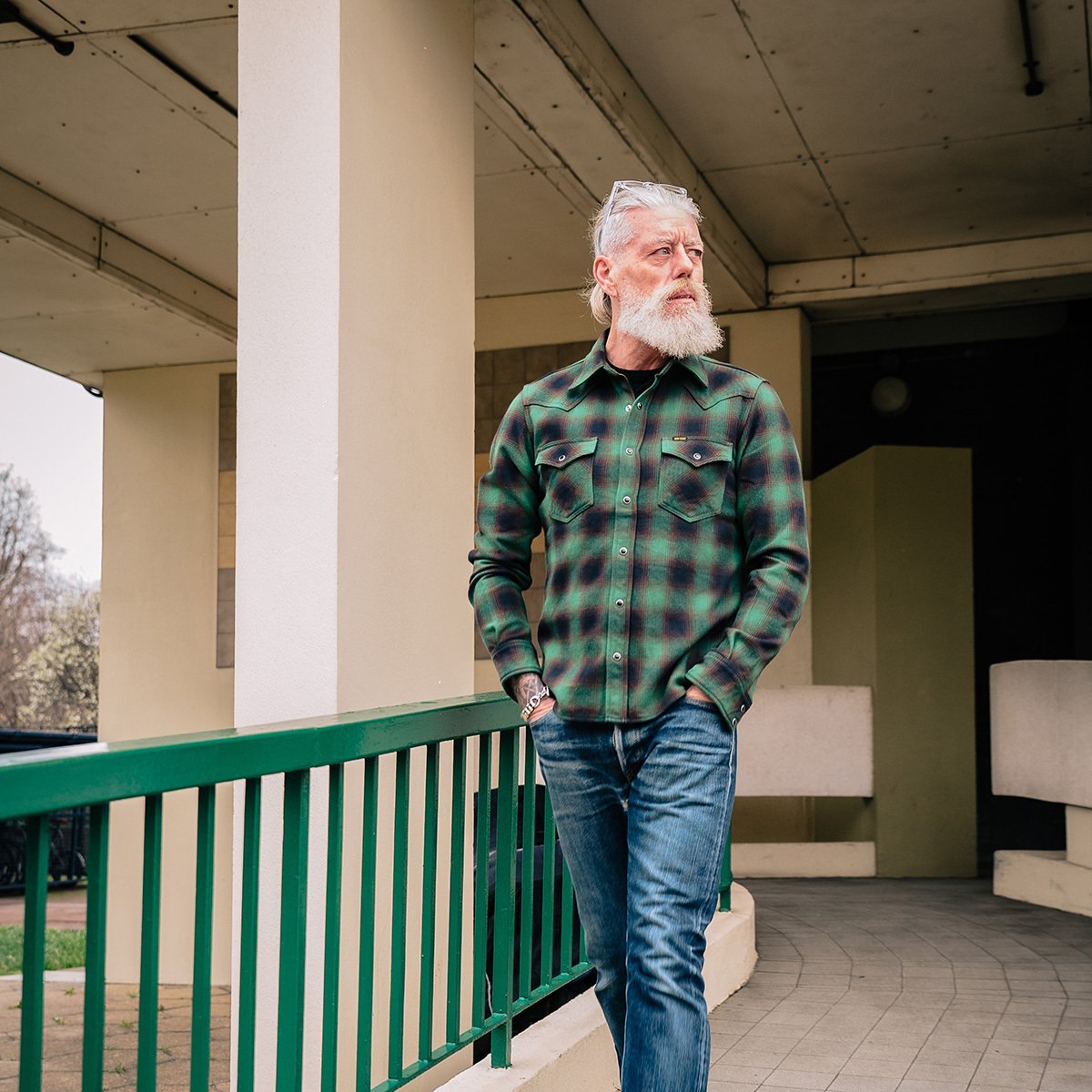 Iron Heart IHSH-373-GRN (FW23) Ultra Heavy Flannel Ombré Check Western Shirt - Green - Image 9