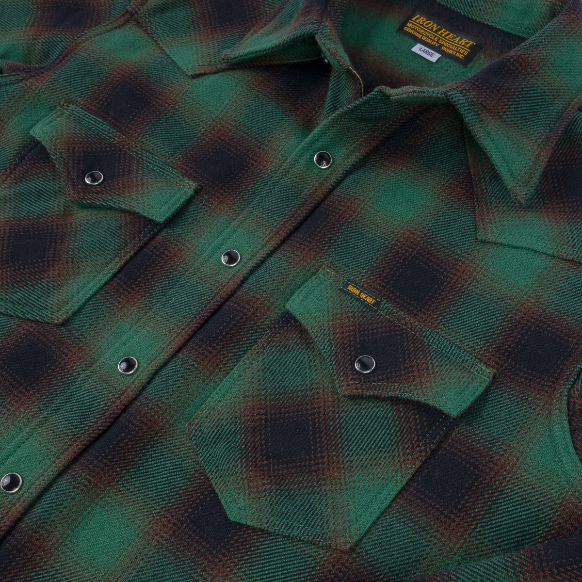 Iron Heart IHSH-373-GRN (FW23) Ultra Heavy Flannel Ombré Check Western Shirt - Green - Image 4