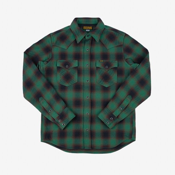 Iron Heart IHSH-373-GRN (FW23) Ultra Heavy Flannel Ombré Check Western Shirt - Green - Image 2