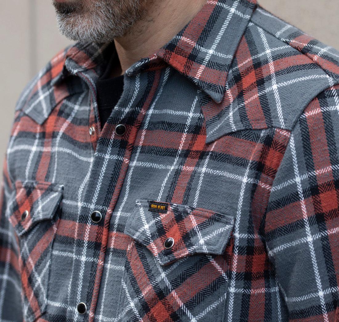 Iron Heart IHSH-369-GRY 12oz Slubby Heavy Flannel Herringbone Check Western Shirt - Grey - Image 6
