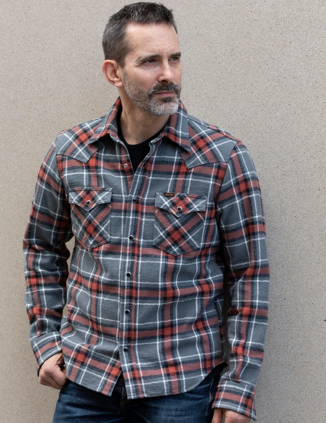 Iron Heart IHSH-369-GRY 12oz Slubby Heavy Flannel Herringbone Check Western Shirt - Grey