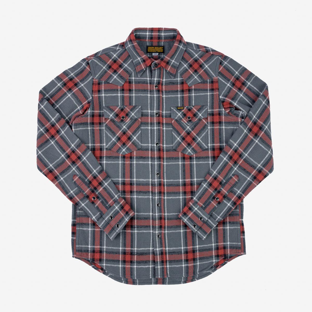 Iron Heart IHSH-369-GRY 12oz Slubby Heavy Flannel Herringbone Check Western Shirt - Grey - Image 2