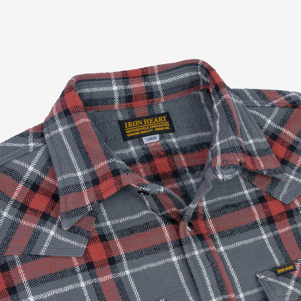 Iron Heart IHSH-369-GRY 12oz Slubby Heavy Flannel Herringbone Check Western Shirt - Grey - Image 4