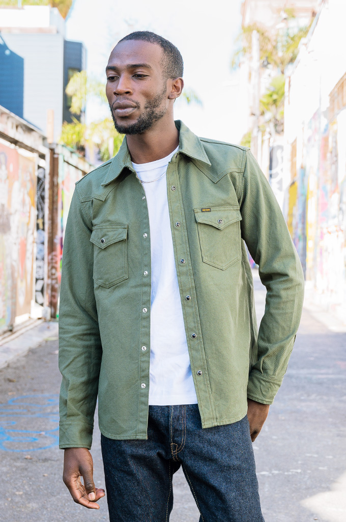 Iron Heart IHSH-235-OLV 13oz Military Serge Western Shirt - Olive Green - Image 13